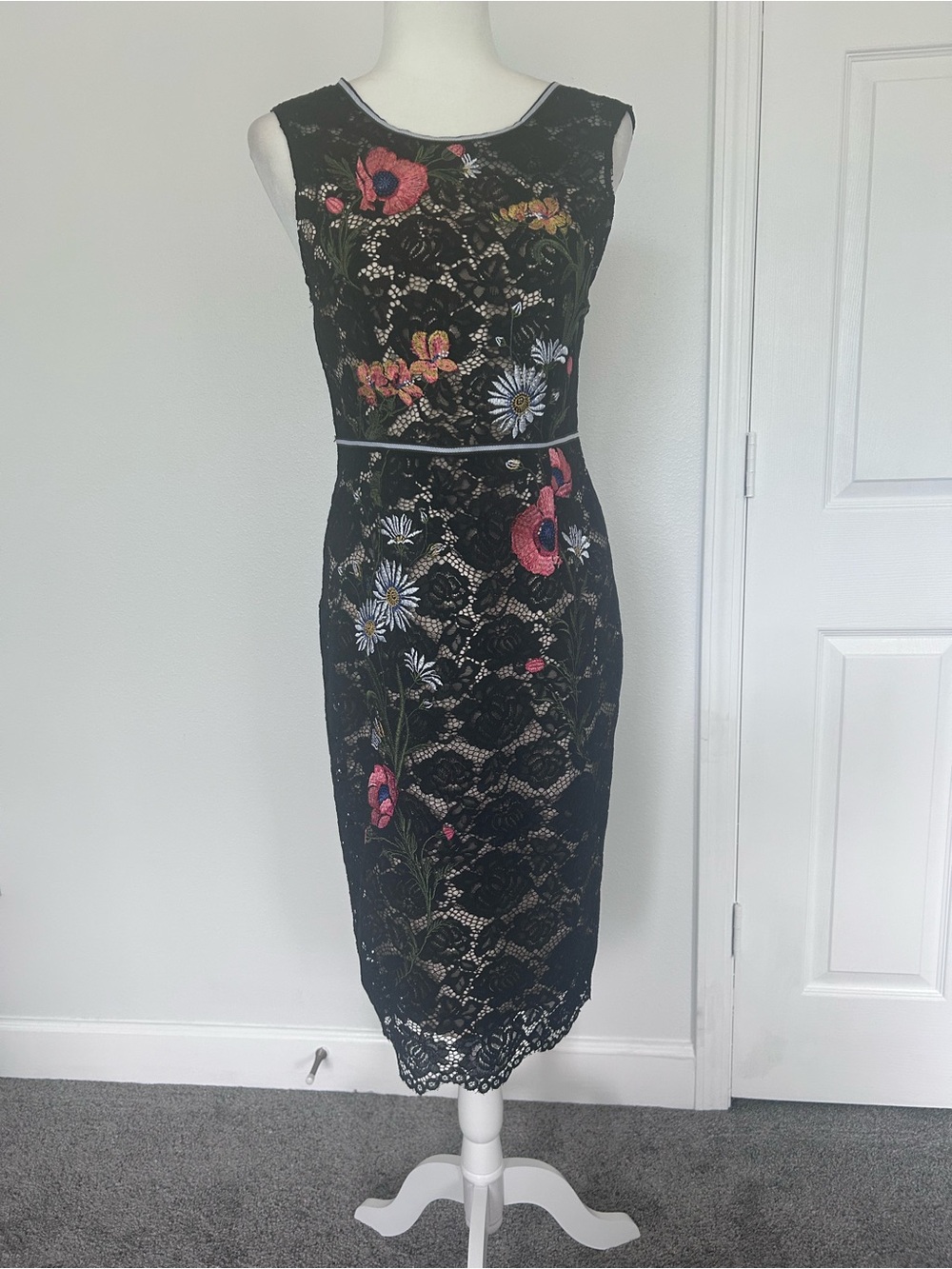 Black Lace Midi Dress with Pink & Blue Floral Embroidery. Size 8